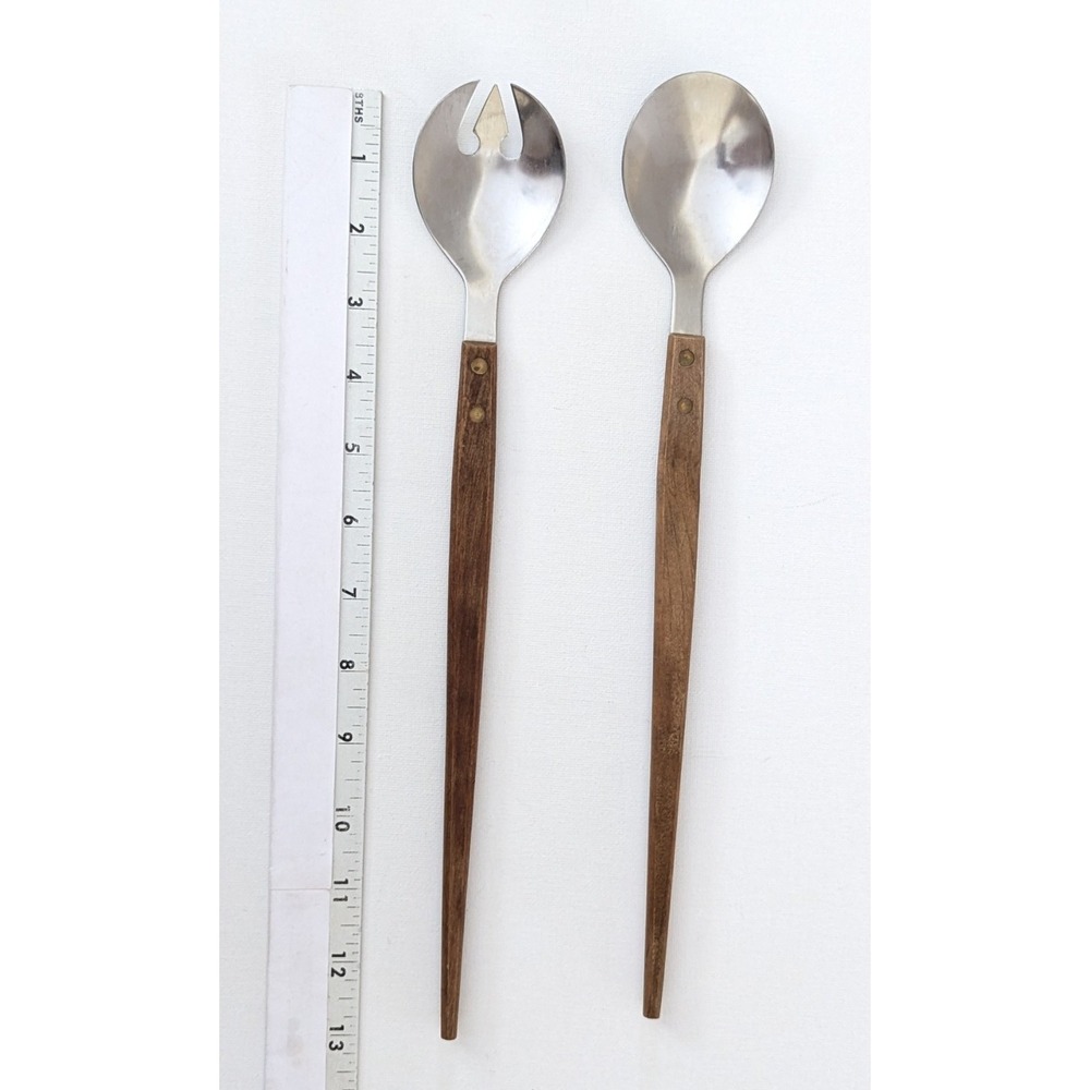Vintage MCM Stainless Steel Wood Handle Salad Tongs Serving Fork Spoon Japan - Picture 3 of 7